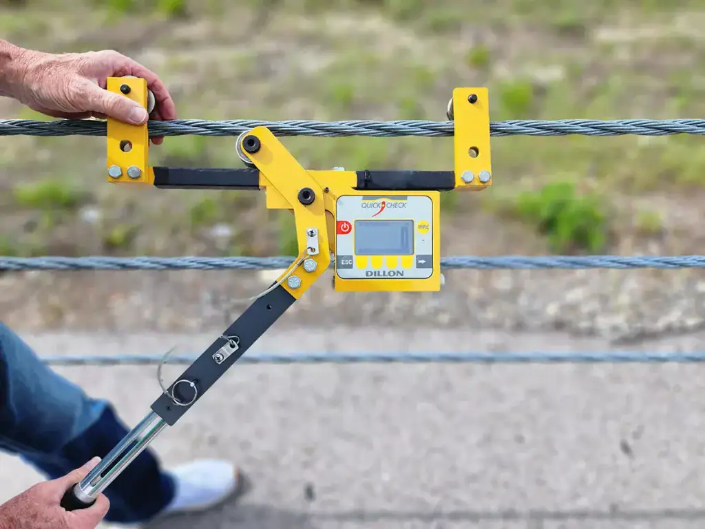DillonQuickCheck on wire rope – before application Dillon QuickCheck clamp-on cable tension meter calibration on wire-rope